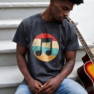 Vintage Music Tee Mens XL Retro Music Note Graphic Gray Shirt Unisex XL